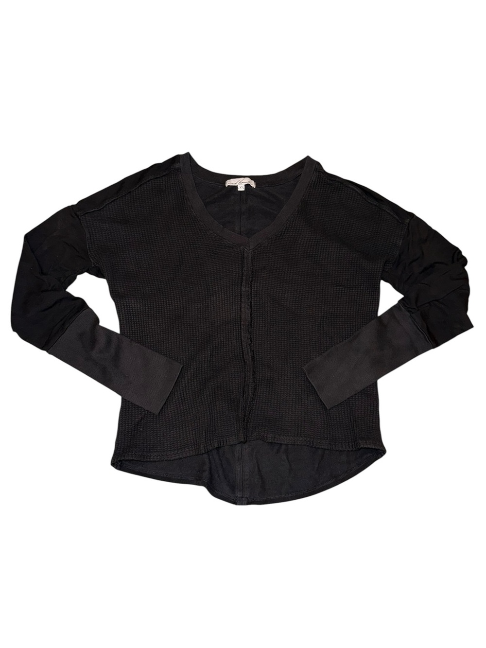 Red Haute Black Mixed Media Waffle Knit V Neck Long Sleeve Top Size XS